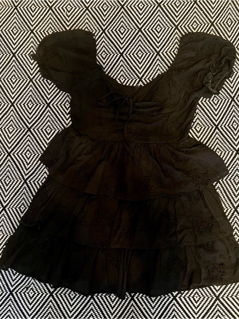 Black Puff-Sleeve Tiered Mini Dress with Tie-Front